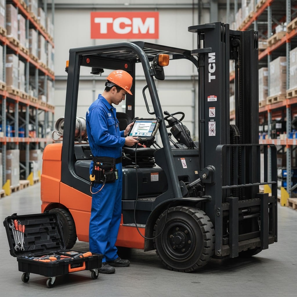genera un immagine che contenga un carrello elevatore TCM con un tecnico specializzato impegnato ad effettuare una diagnosi con un pc