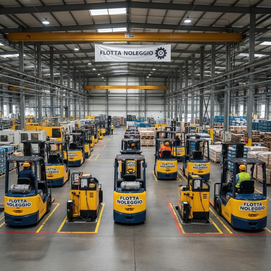 genera un immagine che contenga carrelli elevatori all'interno di uno stabilimento produttivo etichettati con la dicitura flotta noleggio